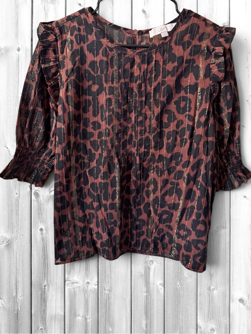 🙋🏻‍♀️LOFT Rust Brown and Black Leopard-Print Blouse with Metallic Detail